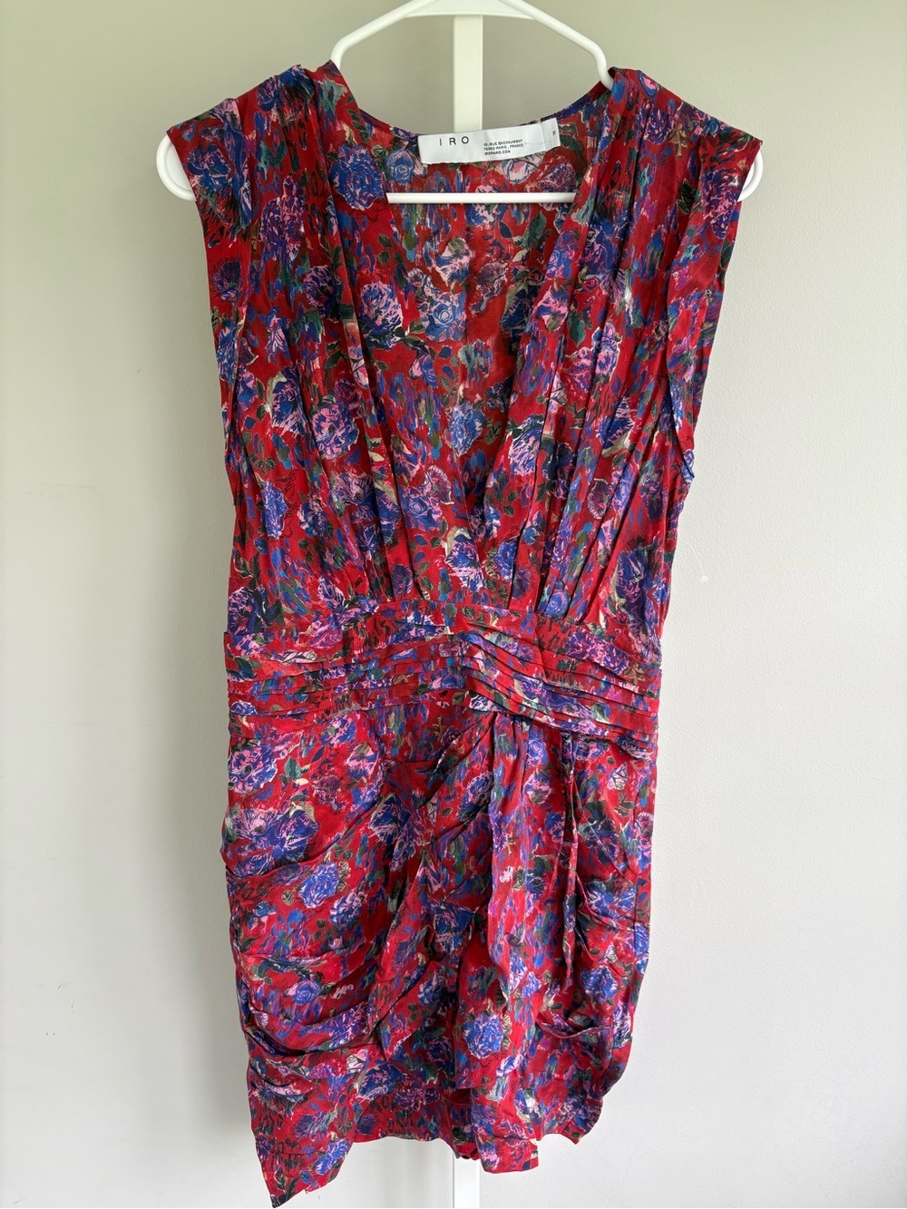 IRO Paris Swing Floral Silk Mini Dress Red Blue V-Neck Draped Size 19S